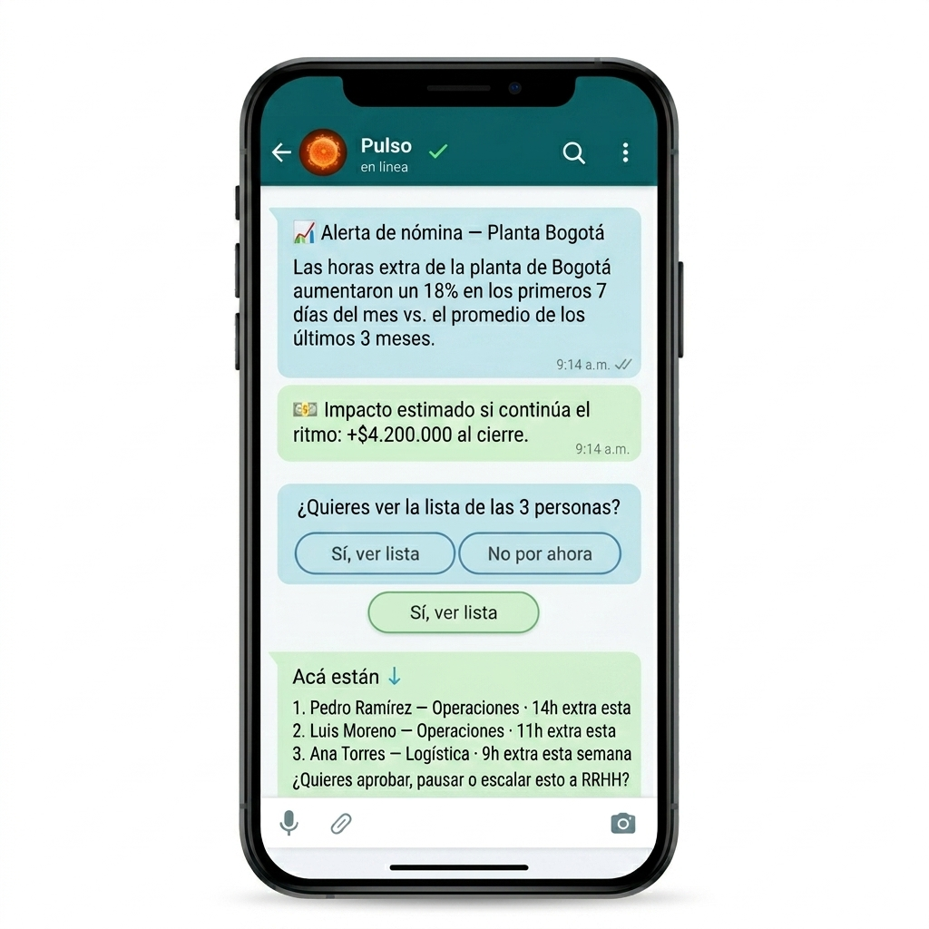 Pulso en WhatsApp enviando alerta de horas extra con datos cuantificados