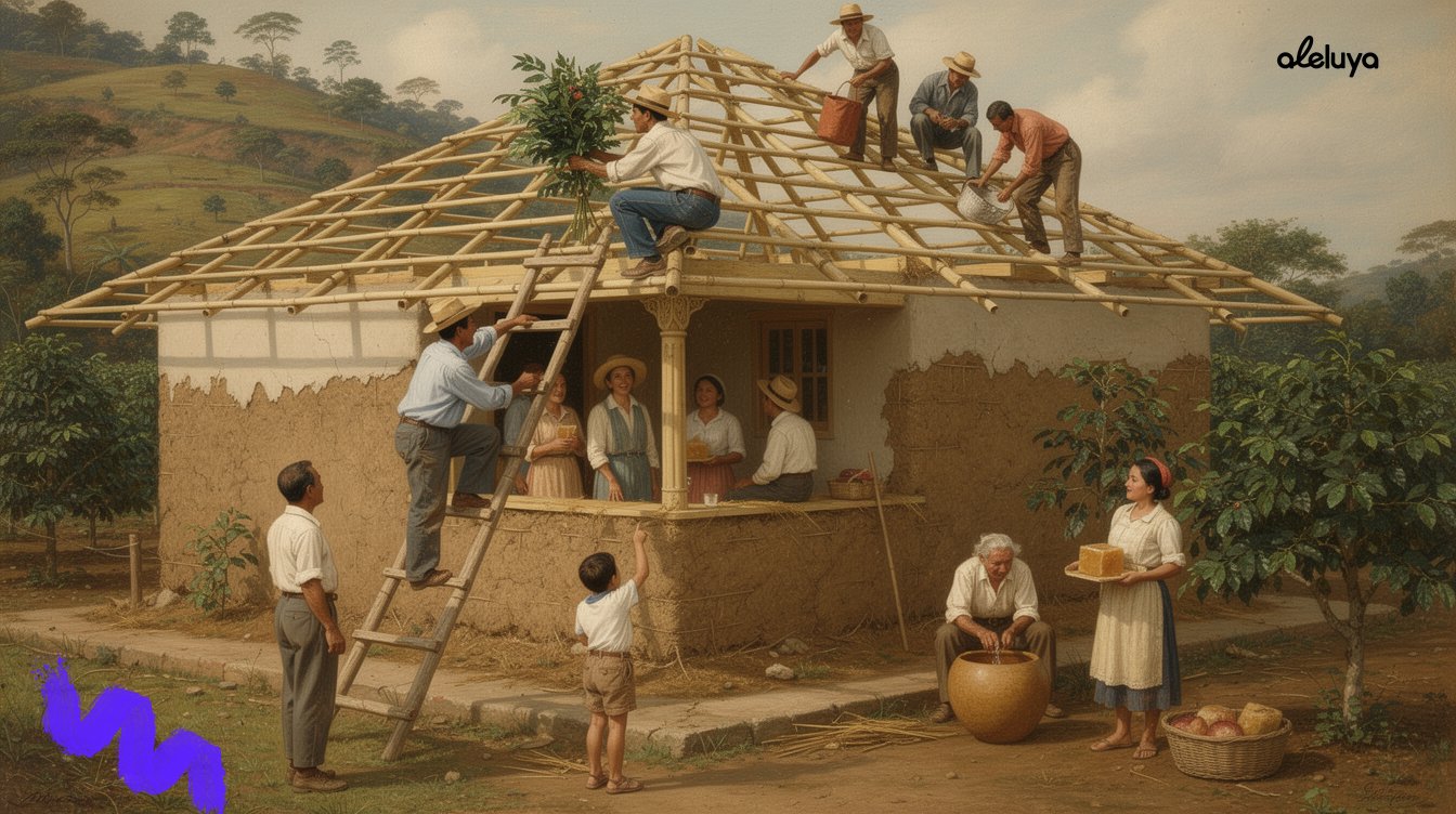 Una familia y sus vecinos coronan con hojas de palma el techo de su casa de bahareque autoconstruida en el Eje Cafetero, celebrando juntos