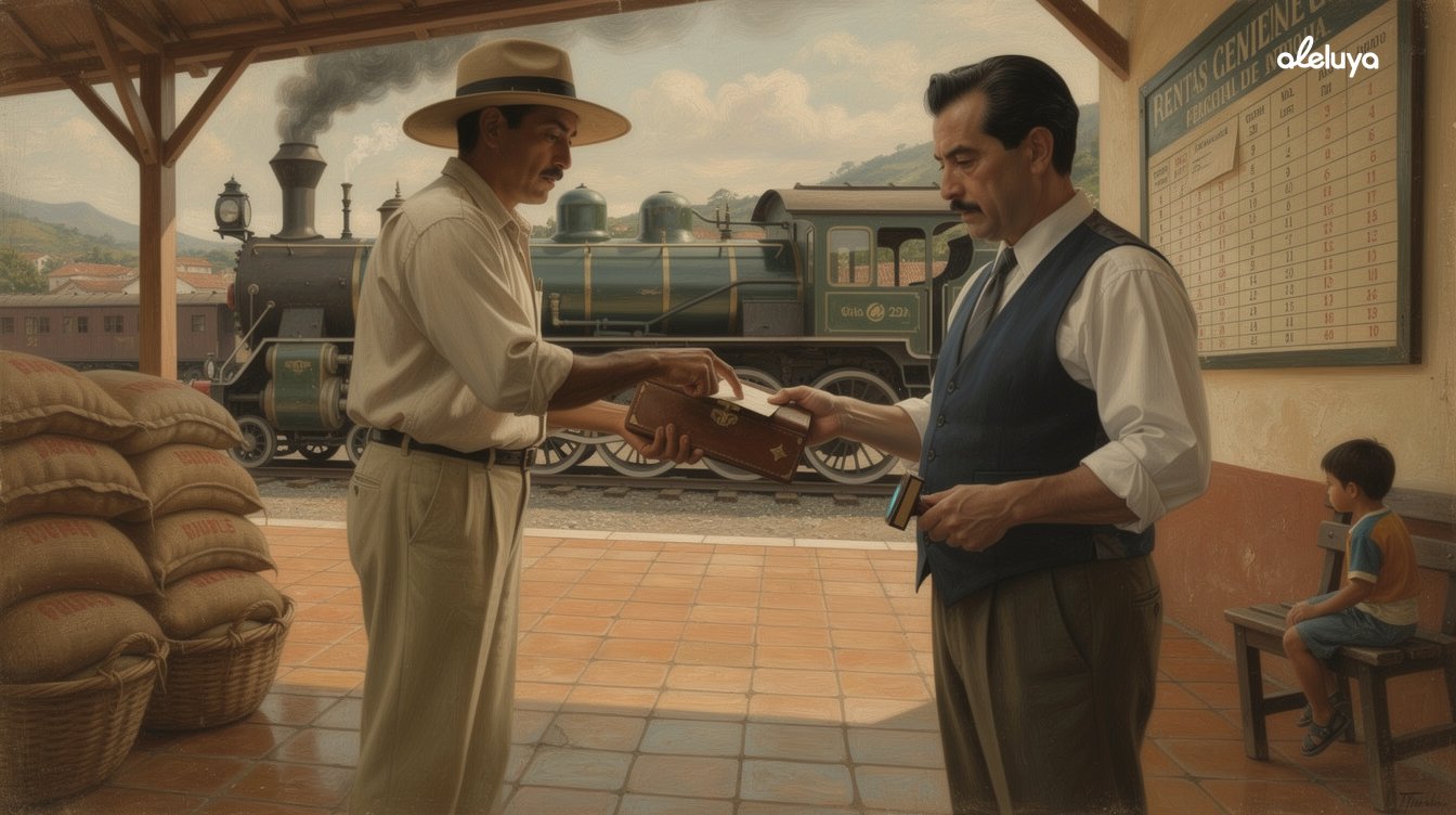 Mensajero entrega el libro de jornales al inspector de rentas en la estación del ferrocarril