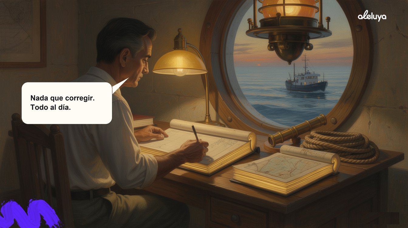 Un farero en el Caribe colombiano cierra su bitácora al final de la noche, cada página ya en orden con un leve brillo dorado, ilustración del Museo del Realismo Mágico del Trabajo Colombiano.