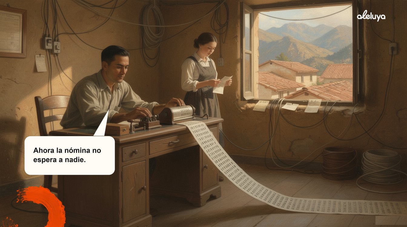 Un telegrafista en un pueblo andino ve cómo el papel impreso se adelanta a su propio mensaje, ilustración del Museo del Realismo Mágico del Trabajo Colombiano sobre digitalizar la nómina.