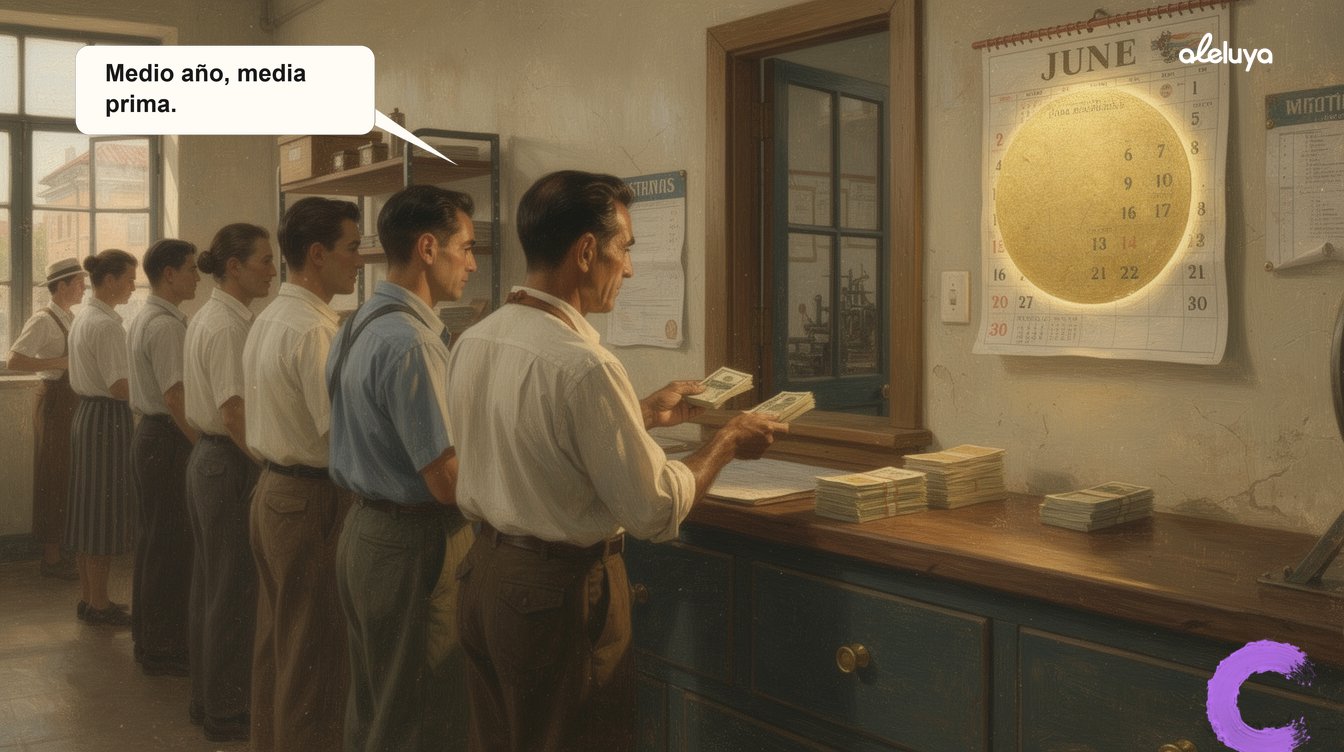 Escena editorial de trabajadores colombianos en fila recibiendo su prima de servicios en una fábrica, con un calendario que marca el 30 de junio iluminado en dorado