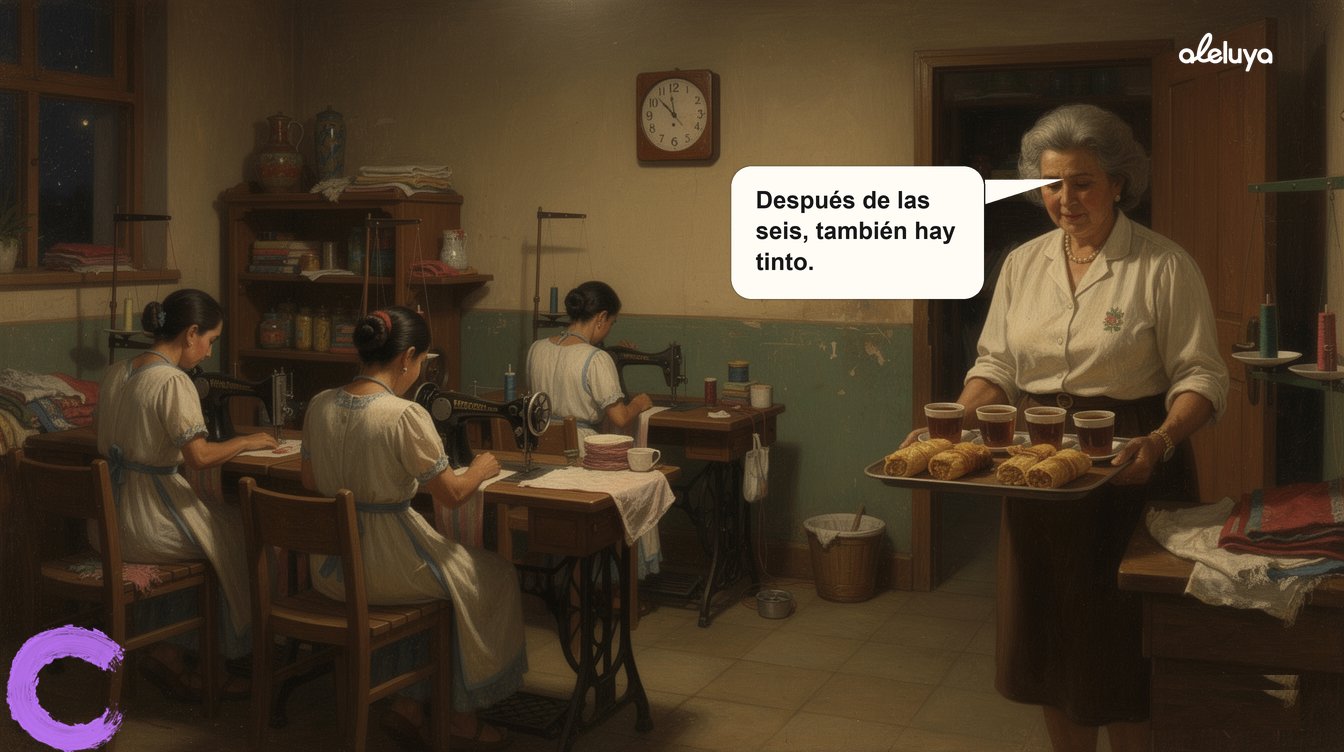Tres costureras trabajan juntas de noche en un taller mientras la dueña les trae tinto y pasteles en agradecimiento.