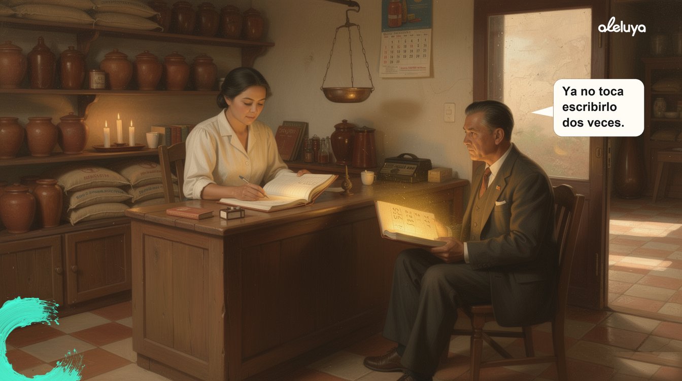 Escena editorial de una tendera y un contador viajero en una tienda de pueblo boyacense, cada uno con su propio libro de cuentas abierto, donde el mismo número aparece escrito en ambos al mismo tiempo
