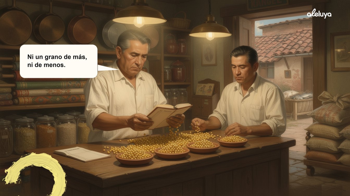 Un tendero boyacense cuenta con precisión la paga semanal de su empleado usando granos de maíz como fichas, ilustración del Museo del Realismo Mágico del Trabajo Colombiano.
