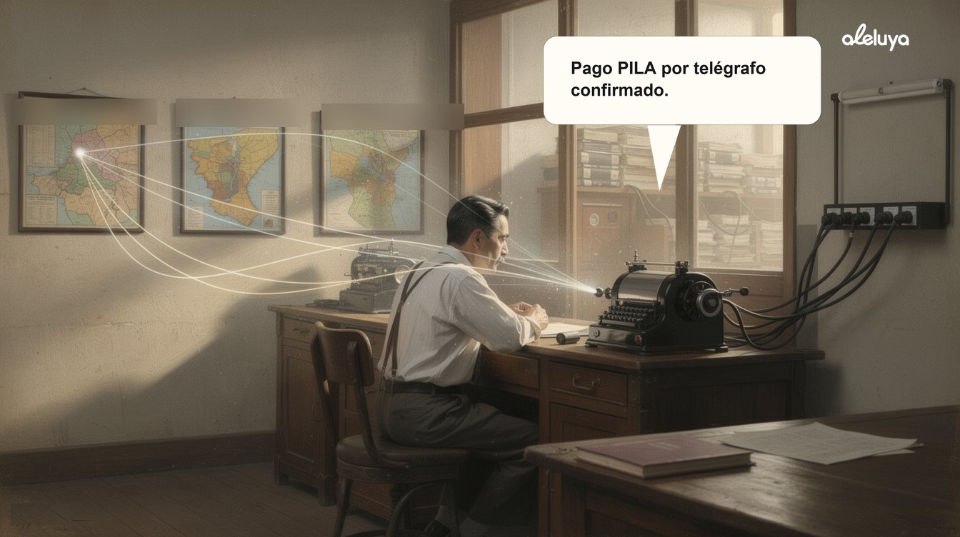 Un telegrafista despacha un mensaje que se multiplica y llega, al mismo tiempo, a varios destinos distintos, en una oficina de telégrafos de los años 1950 -- una sola gestión, varios asuntos resueltos.