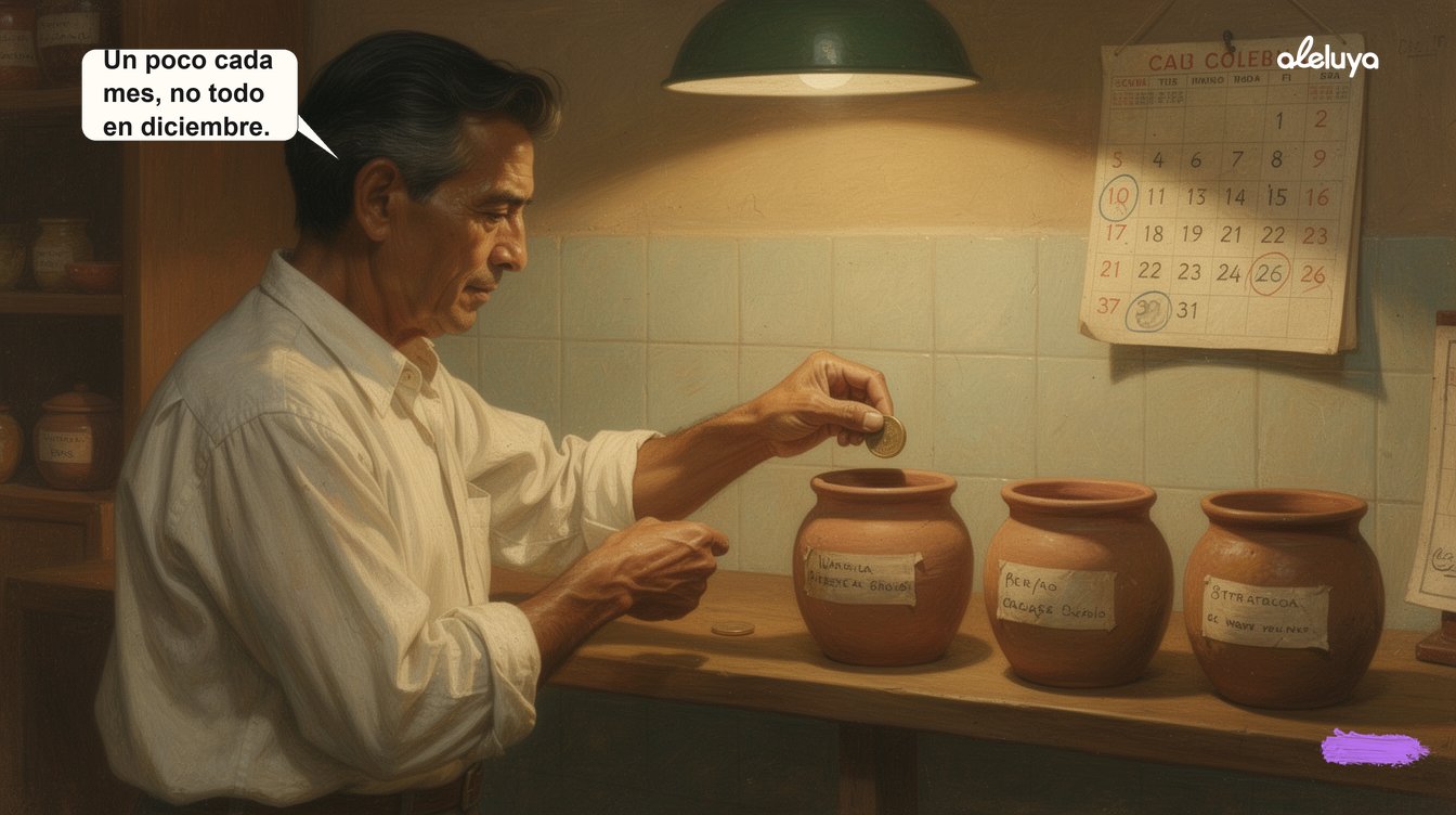 Escena editorial de un comerciante colombiano alimentando varias alcancías de barro con monedas, un calendario con fechas marcadas detrás