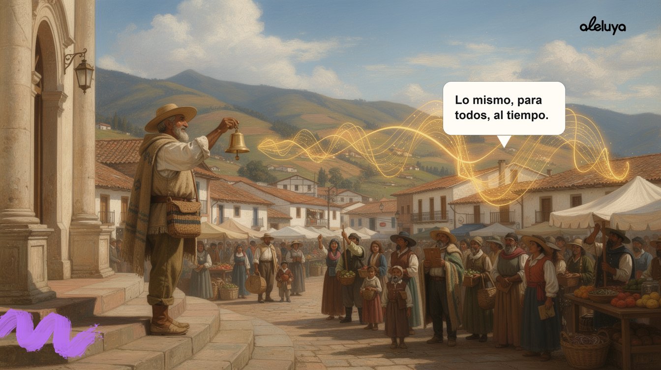 Un pregonero anuncia una noticia en la plaza de un pueblo colonial y su voz se convierte en una onda dorada que llega al mismo tiempo a todos los vendedores y vecinos del mercado.