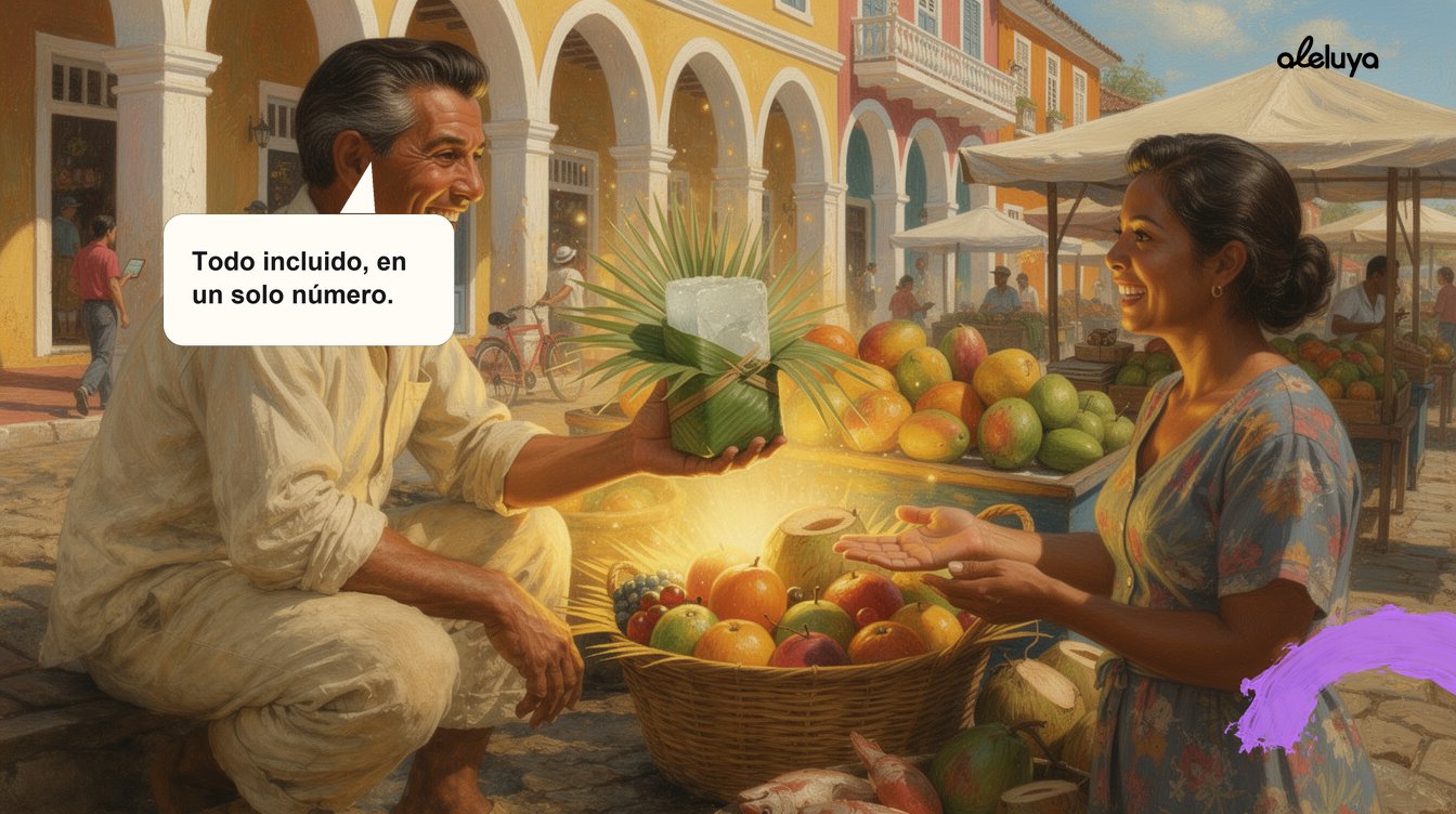 Una vendedora de mercado en Cartagena entrega una canasta completa con fruta y hielo por un solo precio, sin cobros aparte
