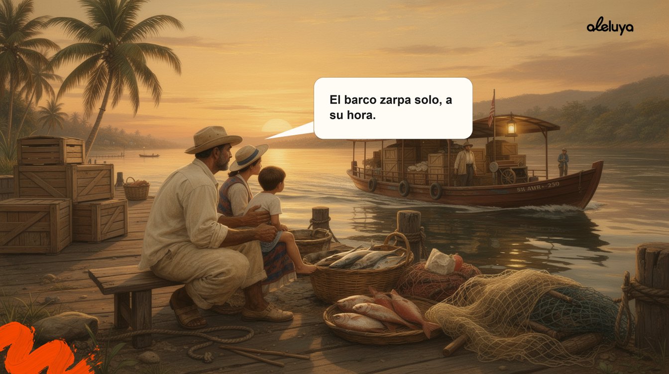 Escena editorial de un comerciante y su familia sentados tranquilos en un muelle del río Magdalena viendo el atardecer, mientras su barco de carga zarpa puntual y ya cuadrado detrás de ellos