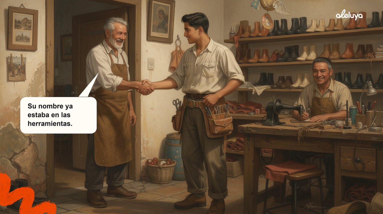 Un maestro zapatero en Boyacá le entrega su propio cinturón de herramientas a su nuevo aprendiz mientras se dan la mano en la puerta del taller